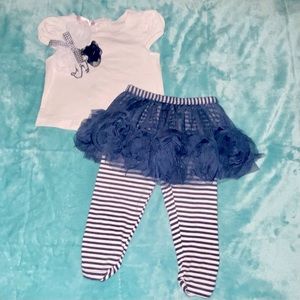 Biscotti 2-piece appliqué top with matching striped tutu leggings set